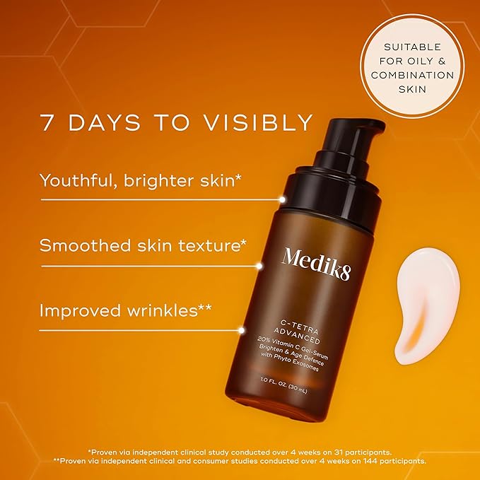 Medik8 C-Tetra Advanced - Balancing Plumping Hydrating Daily Vitamin C Serum with Hyaluronic Acid Squalene - Smooths Fine Lines Wrinkles - 1.0 oz