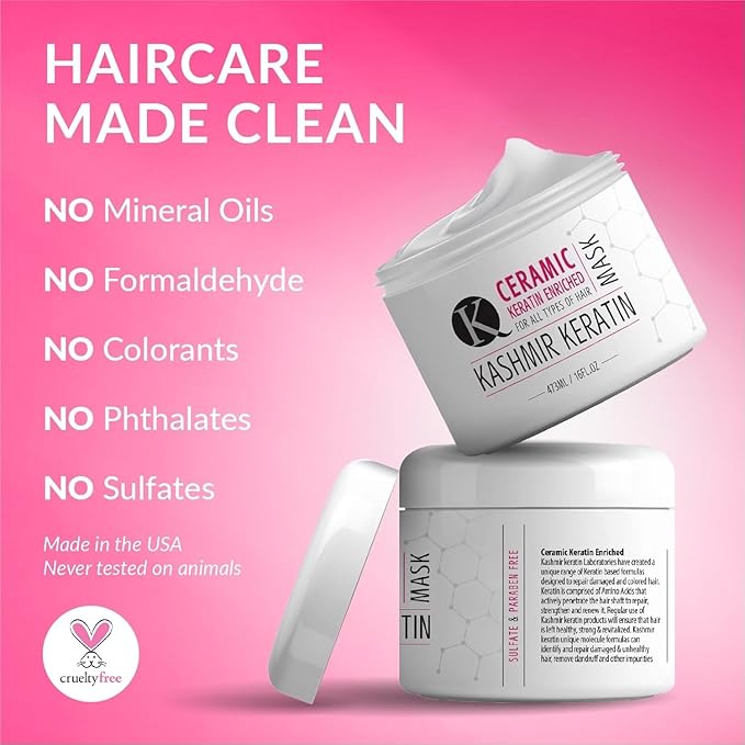 Kashmir Keratin Ceramic Hair Maskdeeply conditions dry damaged hair repairs with keratin making it soft frizz-free hydrated well-conditioned and adds shine.(16 oz)