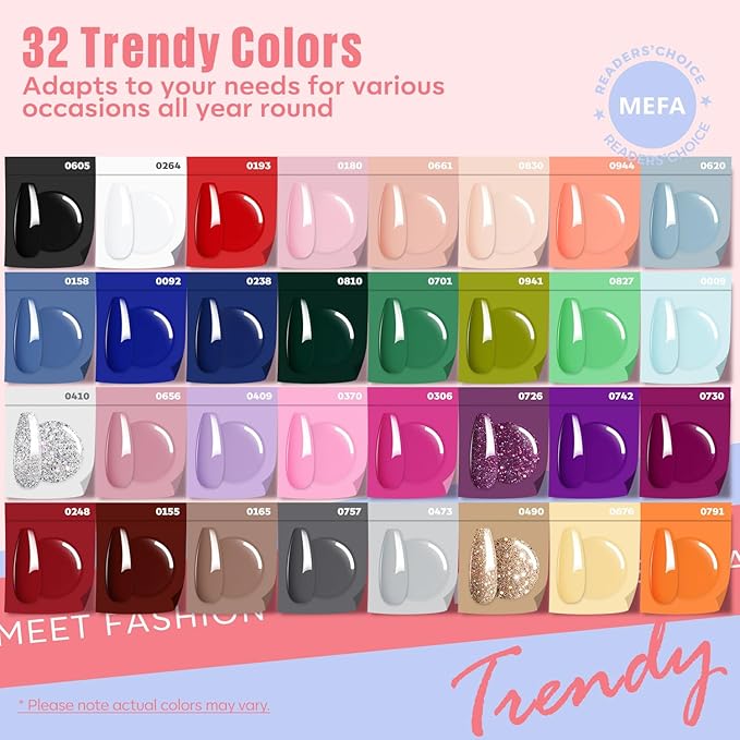 MEFA 60 Pcs Gel Nail Polish Kit with U V Light 32 Colors Popular Soak Off Nude Pink Red Gel Polish Nail Set with Matte/Glossy Gel Top Base Coat Manicure Tools Nail Art Decorations DIY Salon