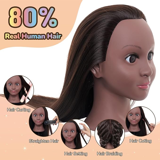 24 Mannequin Head -80% Real Hair Doll head for hair Styling Cosmetology Mannequin Head with Hair for Braiding CurlingCuting with Table Clamp Styling Set (Blonde)