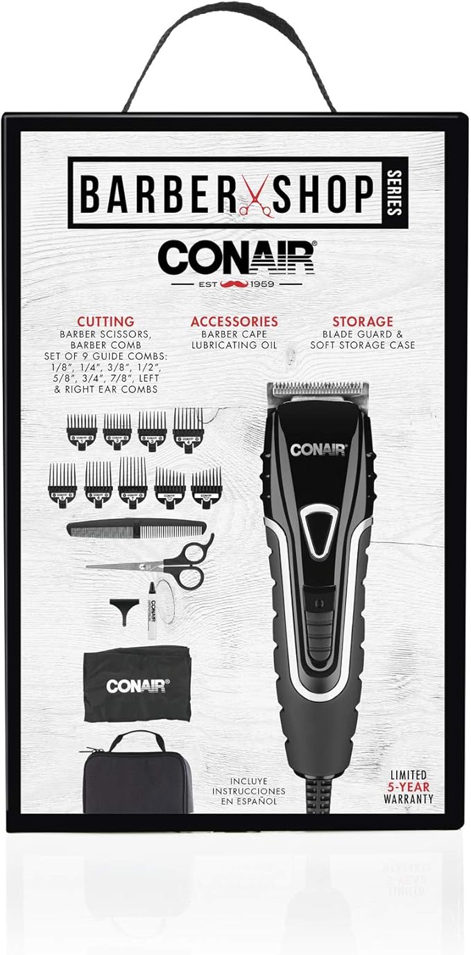 Conair Barber Hair Clippers Barbershop Series No-Slip Grip 16-Piece Hair Cutting Kit