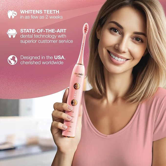 Wagner Stern WHITEN+ Edition. Whitening Electric Toothbrush with Pressure Sensor. Offers 5 Brushing Modes 3 intensities 8 Soft Brush Heads and a Luxury Travel case.