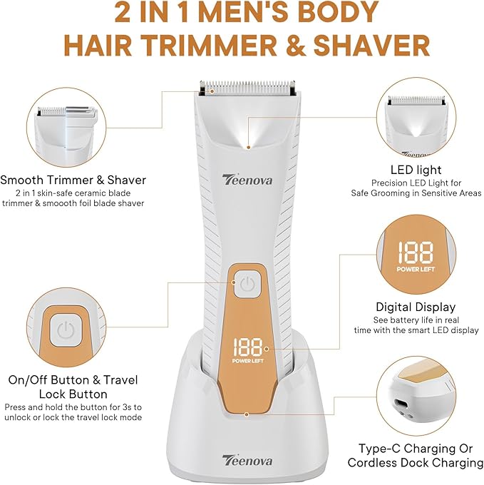 Pubic &amp Body Hair Trimmer for Men 2 In 1 Electric Ball Groin Razor Shaver with Ceramic Blade No Nick Mens Grooming Kits for Wet/Dry Use Cordless Charging Body Groomer with Led DisplayWhite