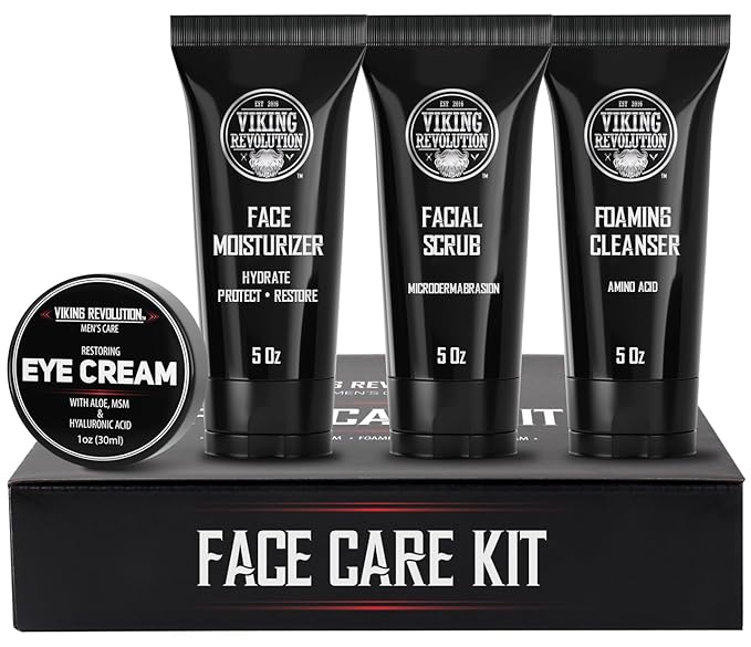 Viking Revolution Men's Facial Skin Care Kit - Includes Rejuvenating Face Moisturizer Microdermabrasion Facial Scrub Foaming Cleanser (5oz Each) and Eye Cream (1oz)