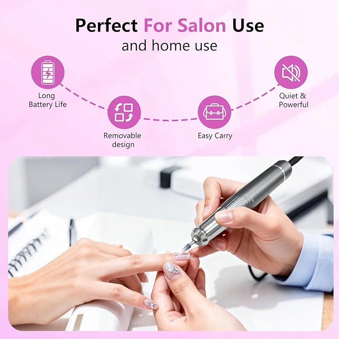 BETE Professional Nail Drill 40000 RPM Cordless Electric Nail File Kit with 6 Bits Rechargeable Efile for Acrylic Gel Nails Polishing Manicure Tools for Salon Home Use Rose Red