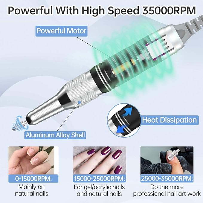 Delanie Professional Portable Electric Nail Drill Machine 35000 RPM Rechargeable Cordless Nail Filer Electric Nail File Efle for Dip Powder Acrylic Gel Nail Salon Nail Tool White