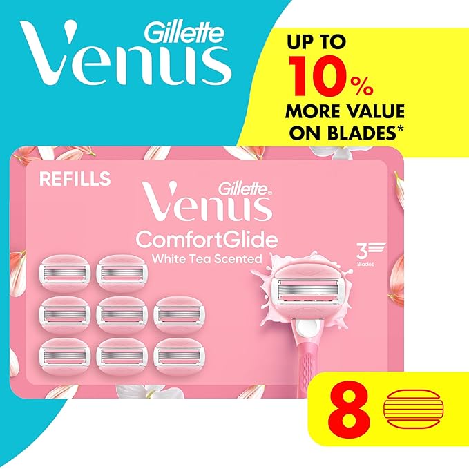 Venus ComfortGlide White Tea Women's Razor Blades with Built-in Shave Gel Bars 8 Razor Blade Refills