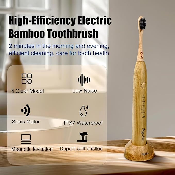 Electric Bamboo Toothbrush Sonic Toothbrush - 4 Replaceable Bamboo Brush Heads Eco-Friendly IPX7 Waterproof Electric Toothbrush One-Button Switch Five-Mode Brushing