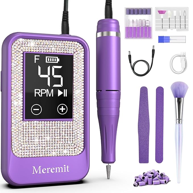 Professional Nail Drill Cordless 45000 RPM Meremit Electric Nail File with Diamond Decoration 12Pcs Drill Bits Large LCD Screen Rechargeable Electric Nail Machine Drill for Acrylic Gel Nail Polish