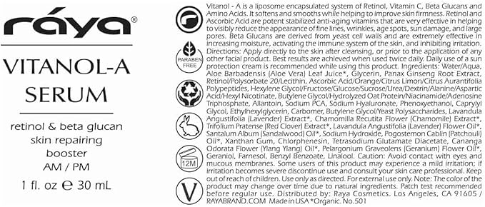 RAYA Vitanol - A (501) Serum for Face | Vitamin-A &amp Vitamin C Serum | Anti-Aging Antioxidant Face | Skin Care for Oily Skin | Smoothing Refining &amp Skin lightening