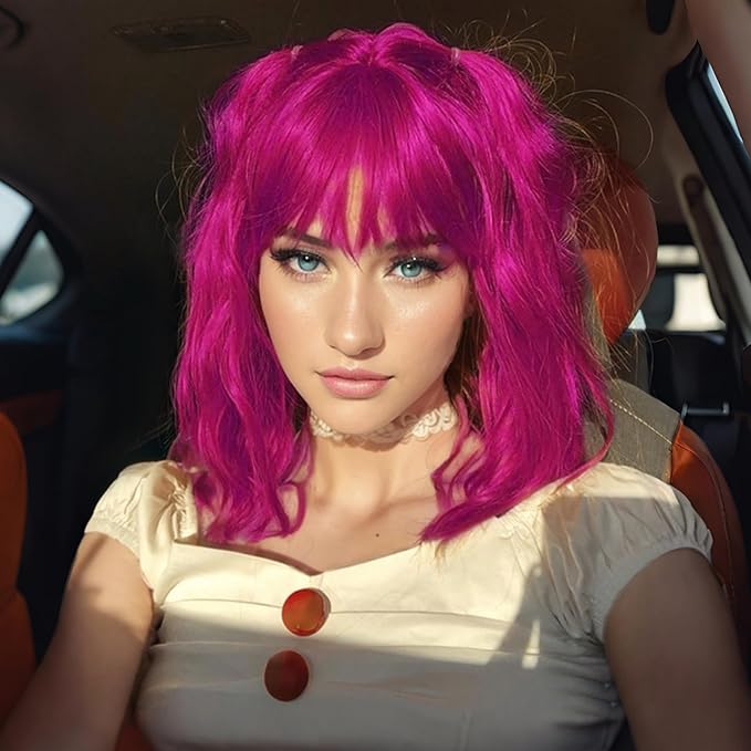 FAELBATY Short Curly Wavy Hot Pink Wigs with Air Bangs Shoulder Length Wig for Women Synthetic Halloween Cosplay Costume for Girl (12 Hot Pink)