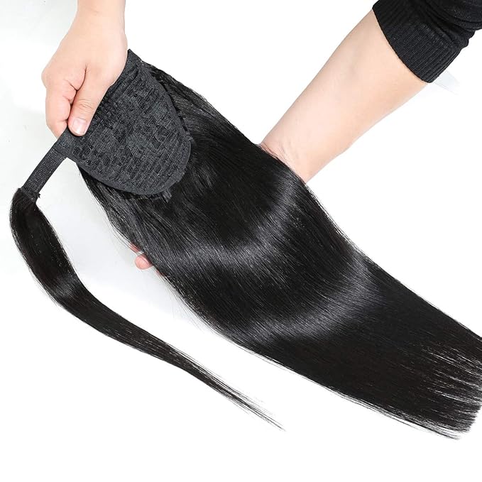 Ponytail Extensions Straight Human Hair Natural Black Magic Paste Wrap Around Ponytail 100% Real Remy Hair Extensions For Women 26 Inch 125g