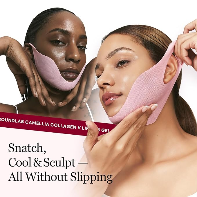 ROUND LAB Camellia Deep Collagen V Lifting Gel Mask 14ea | Double-chin Turkey Neck Instant Face Lifting Mask Cooling and Depuffing Face Toning Belt Firming Sagging Skin Korean Skin Care 10g/0.35oz