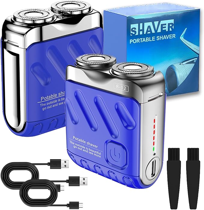 Portable Rotary Dual Ring Electric Shaver 9000RPM Mini Dual-Head Electric Shaver Washable Double Head Razor IPX7 Waterproof 60 Days Battery Life Powerhouse for Men Close Shave (Blue*2)
