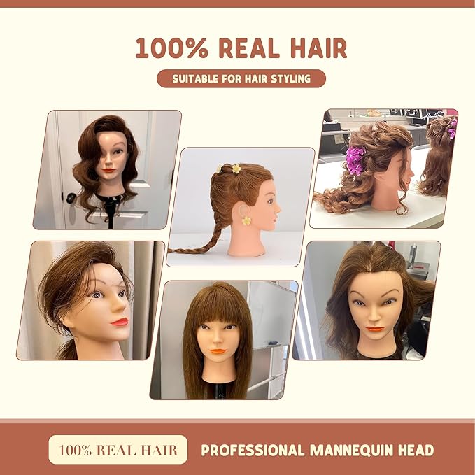 Mannequin Head with Human Hair - 20-22 Cosmetology Mannequin Head with 100% Real Human Hair for Braiding Practice Cutting - Manikin Head with Human Hair for Hairdresser with Tripod Set