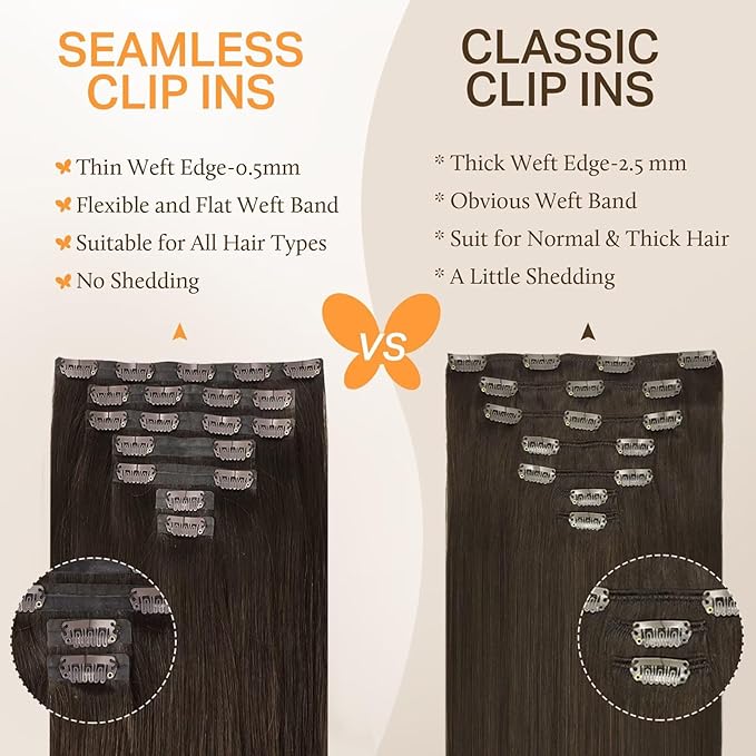 DOORES Seamless Clip-in Hair Extensions Real Human Hair Light Dark Brown 18 Inch 110g 7pcs Invisi Edge Straight Natural Hair