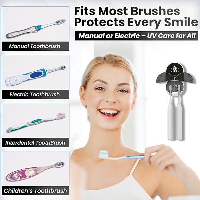 UV Toothbrush Sanitizer Holder &amp Cleaner with Led Clock Display Hands-Free Wave Sensing &amp Dual Toothbrush Storage - Wall Mounted UV Tooth Brush Sanitizer Holder for Bathroom Decor Fits All B