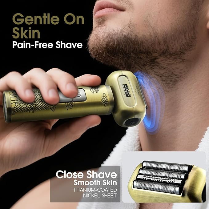 DSP Electric Shavers for Men IPX6 Waterproof Type-C Rechargeable Shaver 4-Blade Cutting System Electric Foil Shaver Travel Lock (Bronze)