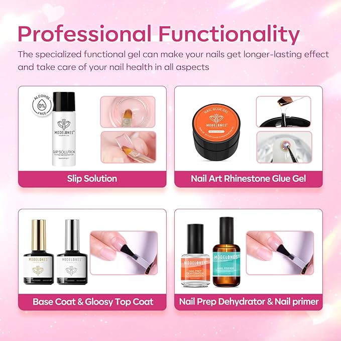 Modelones Poly Nail Gel Kit 8 Rosy Pink Colors with 48W U V/LED Lamp Poly Extension Gel Complete Nail Art Tools Professional Starter Manicure Kit Supplies Rhinestone Glitters Beauty Gift DIY at Home