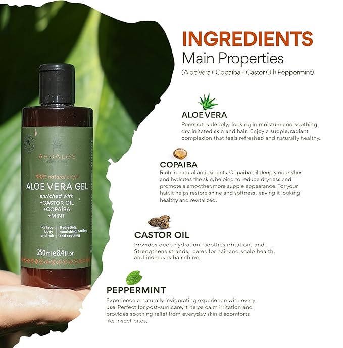 AHOALOE Brazilian Aloe Vera Gel - Multipurpose Moisturizing Natural Gel with Copaiba Castor Oil and Fresh Mint and Natural for Face Skin and Hair - After Sun Care Sunburn Relief 8.4oz