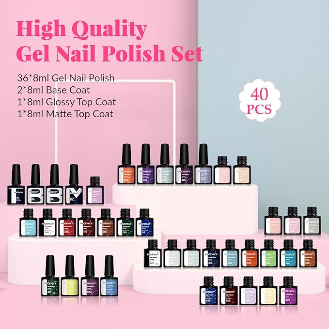 phoenixy 40 PCS Gel Nail Polish Kit 36 Colors Gel Nail Polish Set with Base Top Coat Pink Blue Red at Home Nail Kit Christmas Gifts for Women