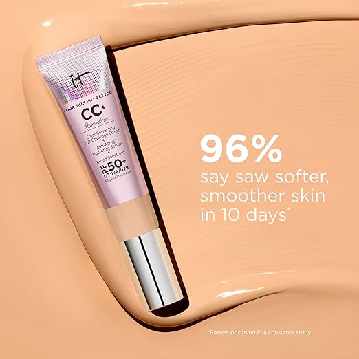 IT Cosmetics CC+ Cream Illumination - Radiant Full Coverage Foundation With SPF 50+ Color Corrector &amp Hydrating Anti-Aging Serum Hydrolyzed Collagen + Peptides Normal to Dry Skin - 1.08 fl oz