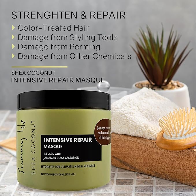 Sunny Isle Shea Coconut Intensive Repair Masque 16oz (Pack of 3) | Jamaican Black Castor Oil Infused | Deeply Conditions Repairs Hydrates Strengthens Damaged Hair | Adds Shine &amp Body