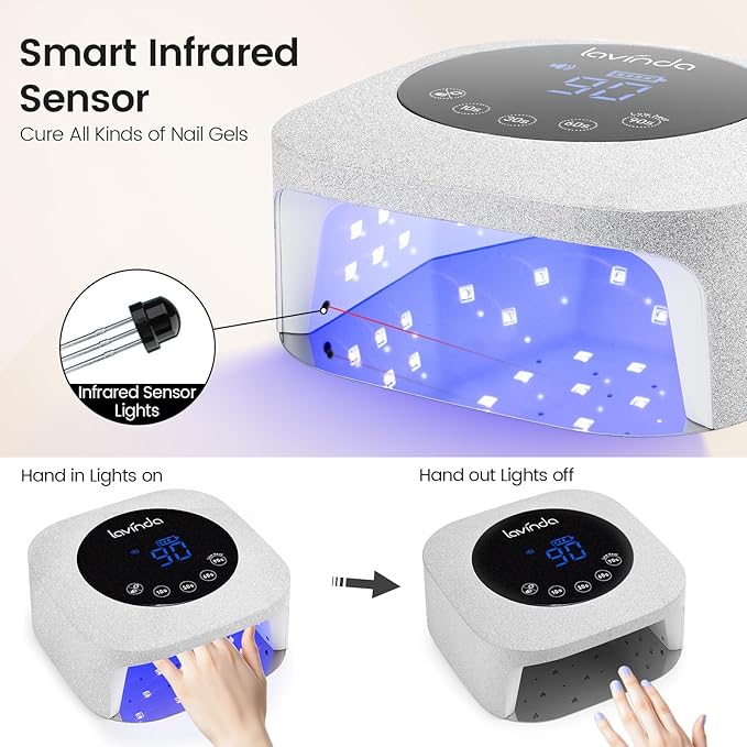 Lavinda UV LED Nail Lamp 54W Frosted Silver Glitter Rechargeable Cordless Nail Dryer Gel Light with 4 Timer Settings for Gel Polish Nails Elegant Matte Shimmer Finish Auto Sensor for Salon &amp Ho