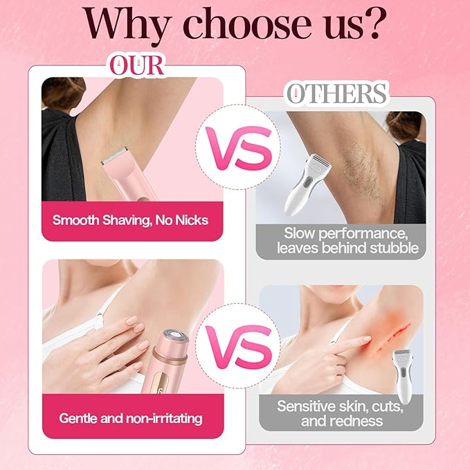 Bikini Trimmer for Women 2in1 High Power Epilators Hair Removal Waterproof Electric Razors Women's Electric Razor Pubic Hair Trimmer Shaver for Women for Ladies Pubic Face Underarms Legs (Pink)