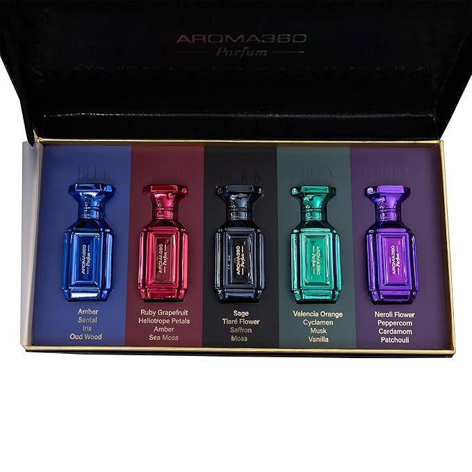 Aroma360 | Parfum Discovery Set | Set of 5 x10mL perfumes | Blue Red Green Black &amp Purple | Unisex Perfume Set
