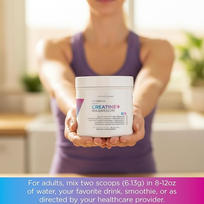 Livingood Daily Creatine + Magnesium Powder Unflavored | 5g Micronized Creatine Monohydrate with Magnesium for Energy Muscle Recovery &amp Performance | 30 Servings
