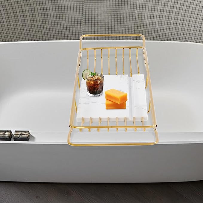 Stainless Steel Bathtub Tray Expandable Marble Bath Tray for Tub 44.09 lbs Capacity Bath Caddy for Bathtub Bathroom Accessories for Home Spa (Gold + White)
