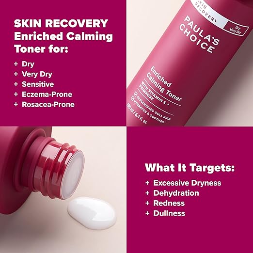 Paula's Choice Skin Recovery Calming Face Toner Toner for Face with Hyaluronic Acid Vitamin E &amp Primrose Hydrates Replenishes &amp Soothes Skin Dry &amp Sensitive Skin Frangrance Free 6.4