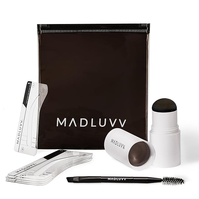 MADLUVV Brow Stamp Kit with Brow Stencils ? Easy Eyebrow Shaper for Natural-Looking Brows ? Popular Eyebrow Stencil Kit Used by Professionals ? 9 Shapes Spoolie Travel Bag &amp Stamp (Dark Brown)