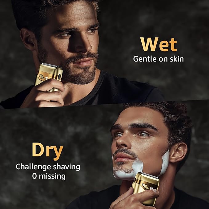 Electric Foil Shavers for Men Mini Electric Razor Compact Face Shaver IPX7 Waterproof Wet Dry Cordless Razor LED Display USB-C Travel-Friendly Light Gold