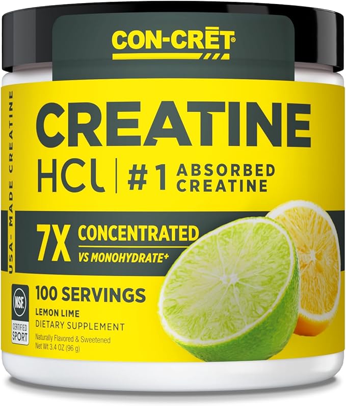 CON-CRET Creatine HCl Powder | Muscle Cognitive Cellular Energy Support | No Bloating or Cramps | USA Made &amp NSF Certified | Lemon Lime (100 Serving)