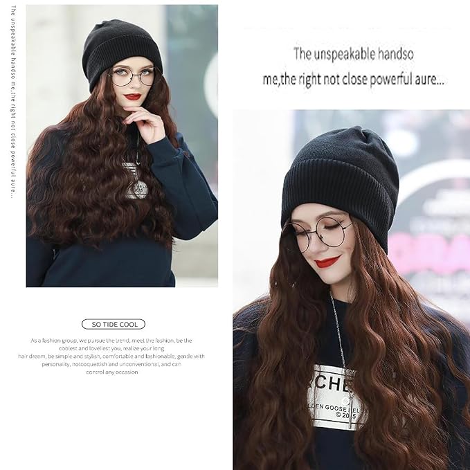 Women Winter Beanie Hat Wig Knit with Long Straight/Wig Wavy Curly Hair Wig Attached 23.6 Inch Synthetic Hairpiece