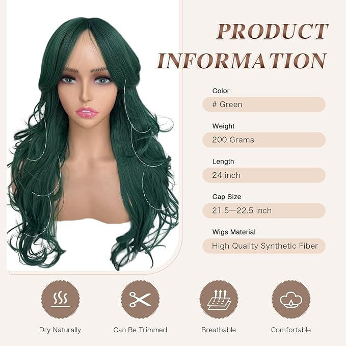 Dark Green Wig Long Layered Wavy Green Wigs with Curtain Bangs for Black White Women Synthetic Long Wavy Layered Natural Curly Wigs Heat Resistant for Daily Party Use 24Inch(GREEN)