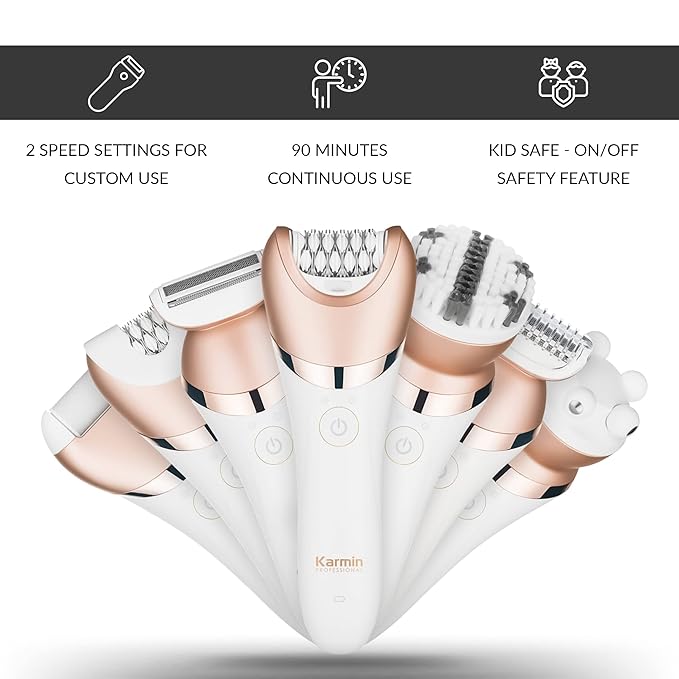 Karmin 5 in1 Wet Dry Epilator for Women Hair Removal Cordless Electric Shaver Trimmer Facial Body Arm Leg Hair Remover USB Rechargeable Waterproof Shave Exfoliate Smooth Buff Massage