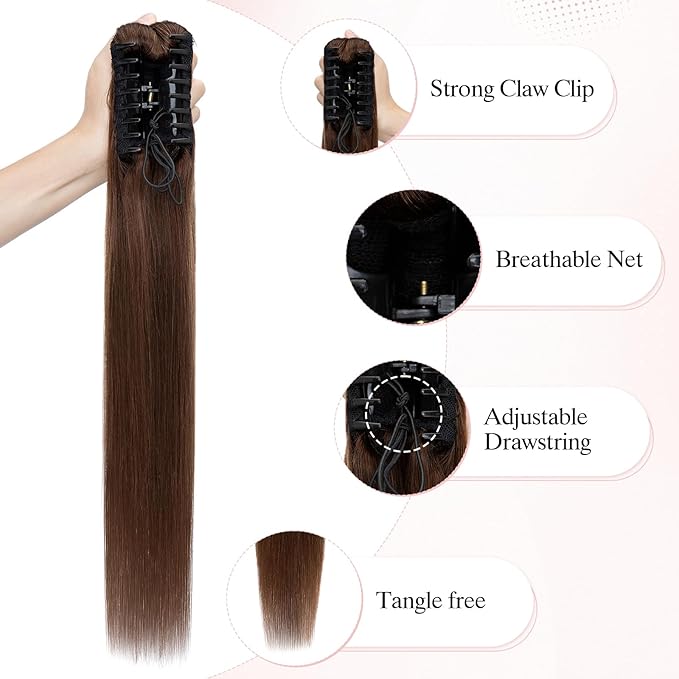 Claw Clip Ponytail Extension Human Hair Long Straight Clip in Ponytail Hair Extensions Real Hair Ponytail Extension22inch #4 Chocalate Brown120g