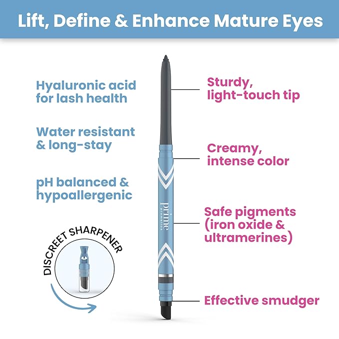 PRIME PROMETICS PrimeEyes Glide Eyeliner for Mature Women ? Waterproof Long-Stay and Mess-Proof ? Gel Creme Texture Discreet Sharpener and Effective Smudger (Smoky)