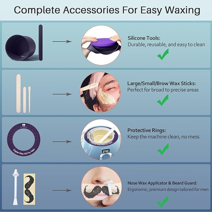 BLITZWAX Back and Nose Waxing Kit for Men Hard Wax Warmer for Brazilian Body and Face At Home Hair Removal Kit Beginner Friendly Quick Heating 93 Accessories Blue Waves
