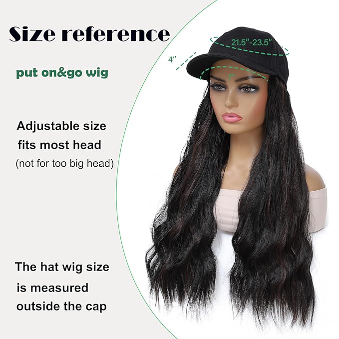 Baseball Cap Wig Hat With Hair Extensions Cap with Heat Resistant Synthetic Fiber Hairpieces attached for Women Girls Adjustable Long Wavy Wig for Daily Outdoor Use (B M1B brown)