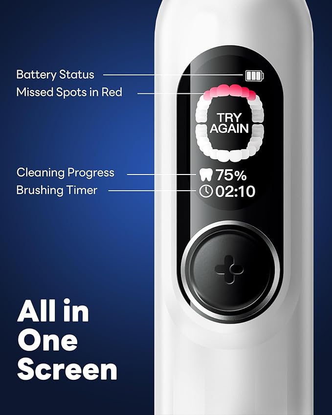 Electric Toothbrush with AI Smart Screen for Adults Kids | 150-Day Battery Real-Time Brushing Map | Whitening Mode 3-Min Timer Travel Case | Family Sonic Electric Tooth Brush (G5S White)