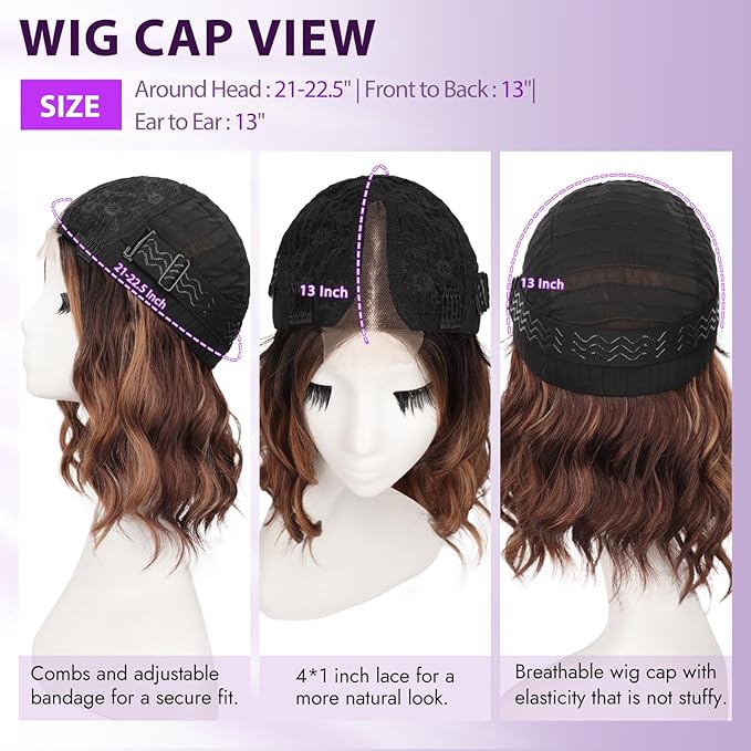 Brown Highlight Short Wavy Wig for Women Lace Hairline Bob Style Synthetic Heat Resistant - Natural Appearance for Everyday Hairstyle 12 Inch