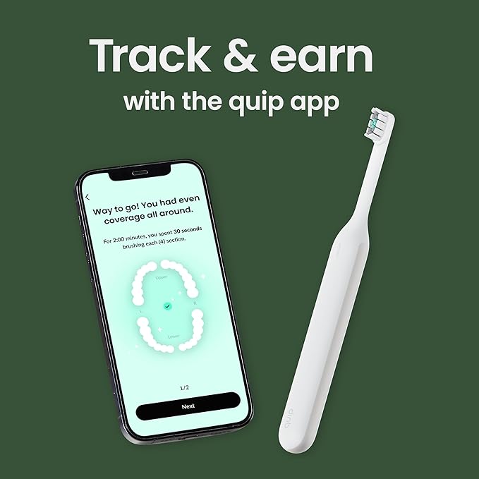Quip Ultra Next Generation Smart Toothbrush - Timed Electric Toothbrush with Case - Replaceable Brush Head Soft Bristles Silicone Handle 30-Day Battery Life - Travel Toothbrush - Stone