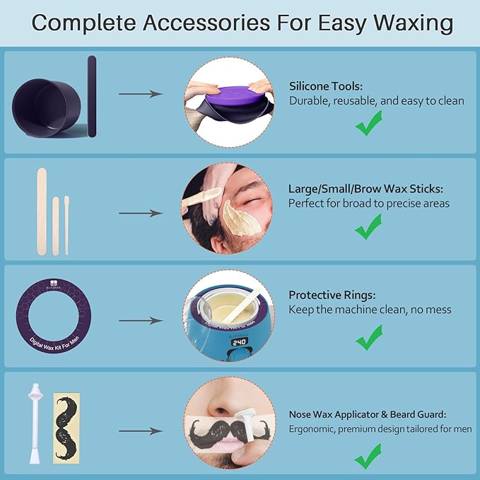 BLITZWAX Back and Nose Waxing Kit for Men Hard Wax Warmer for Brazilian Body and Face At Home Hair Removal Kit Beginner Friendly Quick Heating 93 Accessories Royal Blue