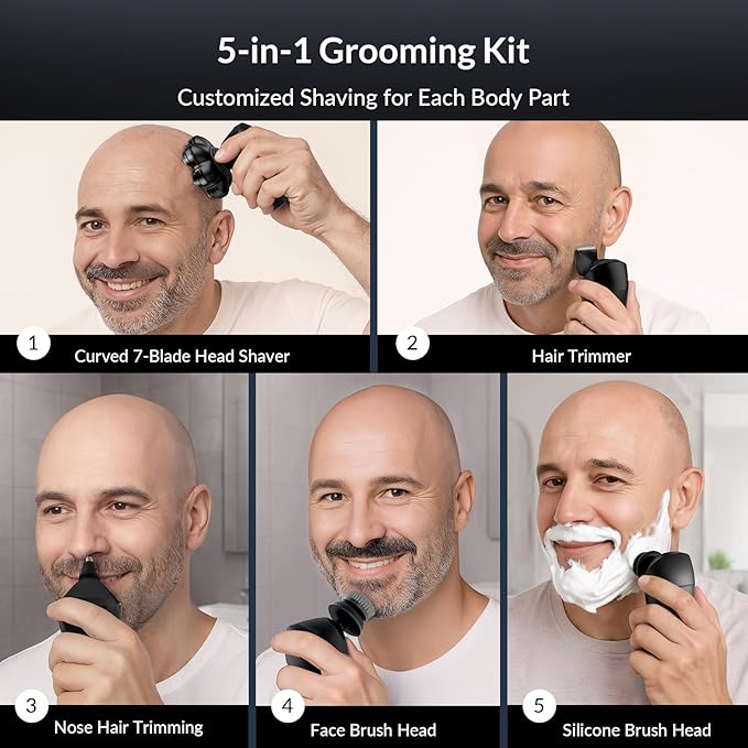 Head Shavers for Bald Men - 7D Arc Electric Razor with Magnetic Detachable Head Waterproof Wet Dry 5-in-1 Electric Shaving &amp Grooming Kit LED Display Rechargeable Head &amp Body Hair Shaver