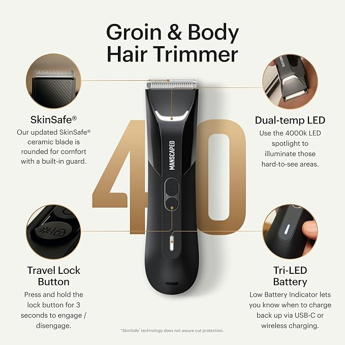 MANSCAPED® The Lawn Mower® 4.0 PRO - Groin &amp Body Hair Trimmer Updated SkinSafe® Trimmer Blade Waterproof Wet/Dry Groomer USB-C &amp Wireless Charging Compatible Men?™s Ball Shaver with Travel