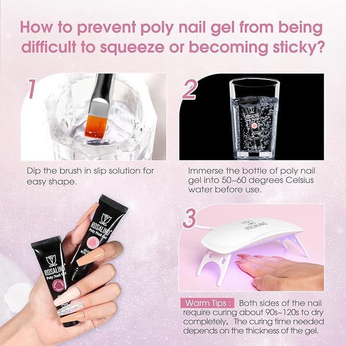 ROSALIND Light Pink Nude Poly Nail Gel Kit 0.34 oz/10 ml - 20 Colors White Brown Poly Extension Gel with Mini U V Lamp Builder Nail Gels Starter Kit with Nails Forms Base Coat Coat Beginners Set